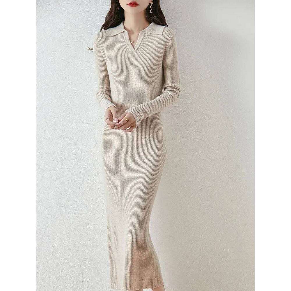 High-end 100% Pure Wool Pulllover Dress Women Slimming New Turn-down Collar Autumn Winter Knitted Inner Layer Long Skirts Z260314