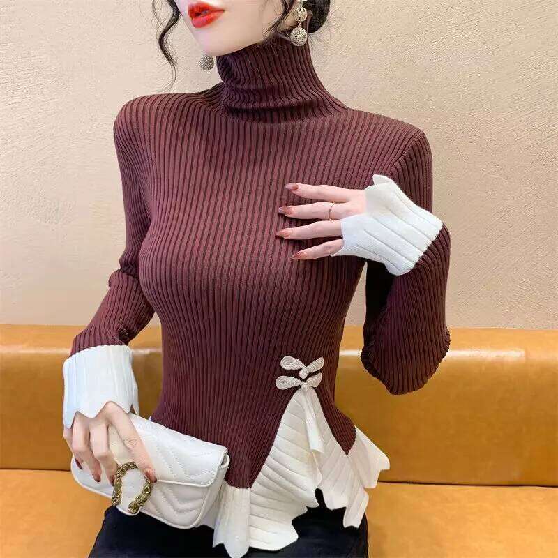 Vintage Knot Button Knitted New Spring Autumn Elasticity Slim Turtleneck Sweater Long Sleeve Office Lady Elegant Shirt Z260313