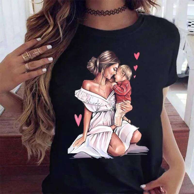 Maycaur Women Cartoon Mom with Sons Fashion Print Casual Woman Tee Ladies Female T-shirt Short Sleeve T Top Shirt Z260314