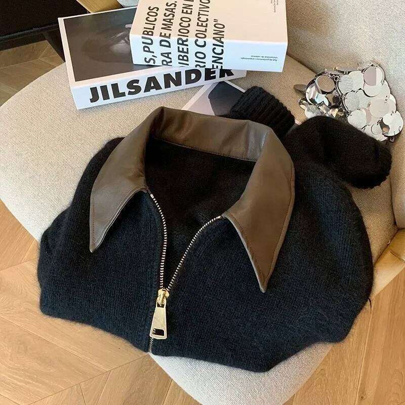 Full Sleeve Solid Women Turn Down Collar Loose Casual Knitted Coats Zipper Autumn Winter 2024 Regular Splice Sweaters Cardigan Z260314