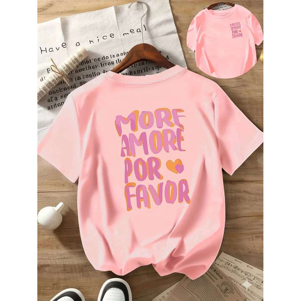 MORE AMORE POR FAVOR Women's Crew Neck T-Shirt Pink Print with Hearts Harajuku Short Sleeve Casual Z260314