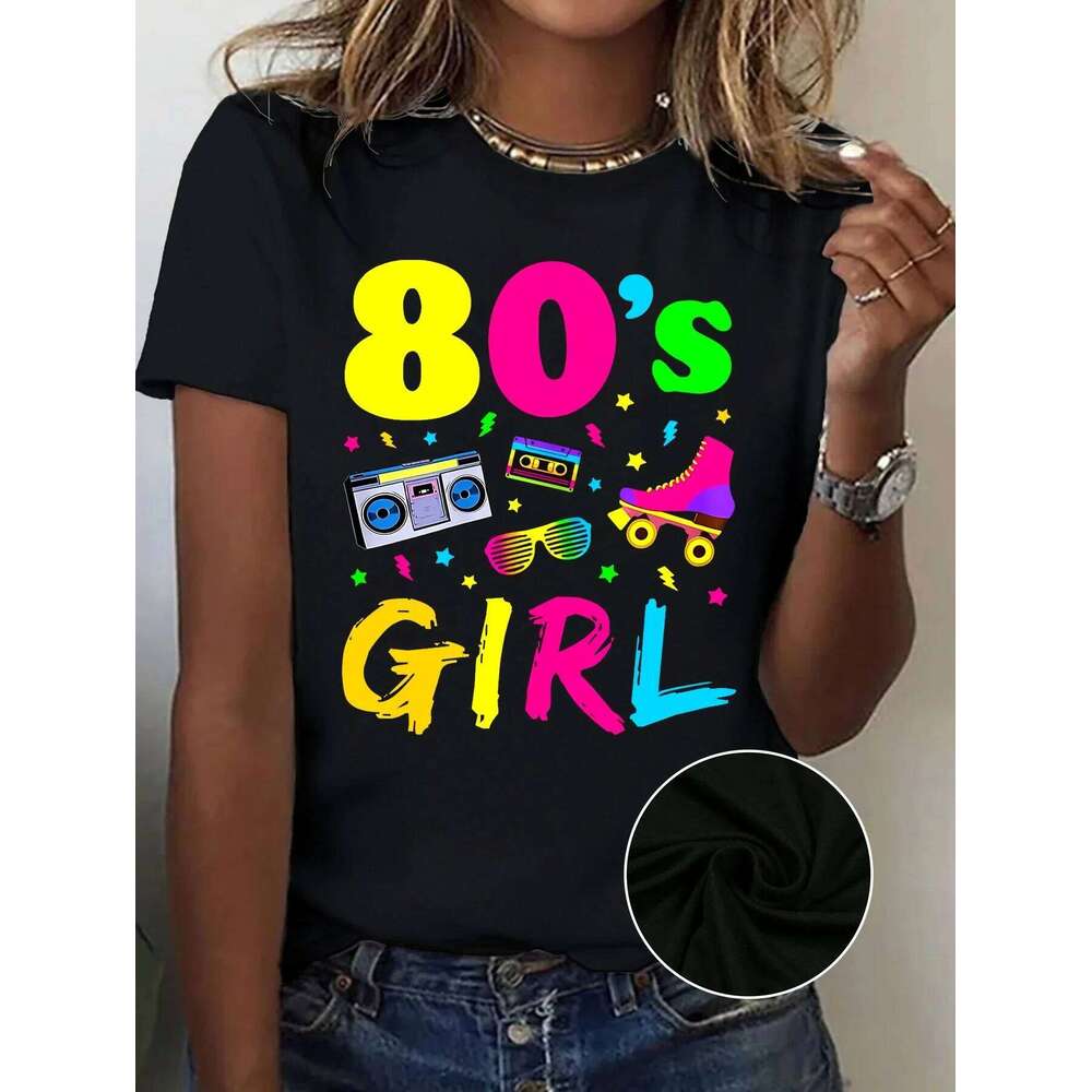 Sleeve Polyester Spandex Blend Crew Neck Medium Stretch Graphic Shirt Girl Retro Radio and Roller Skates Print T-Shirt Casual Z260314