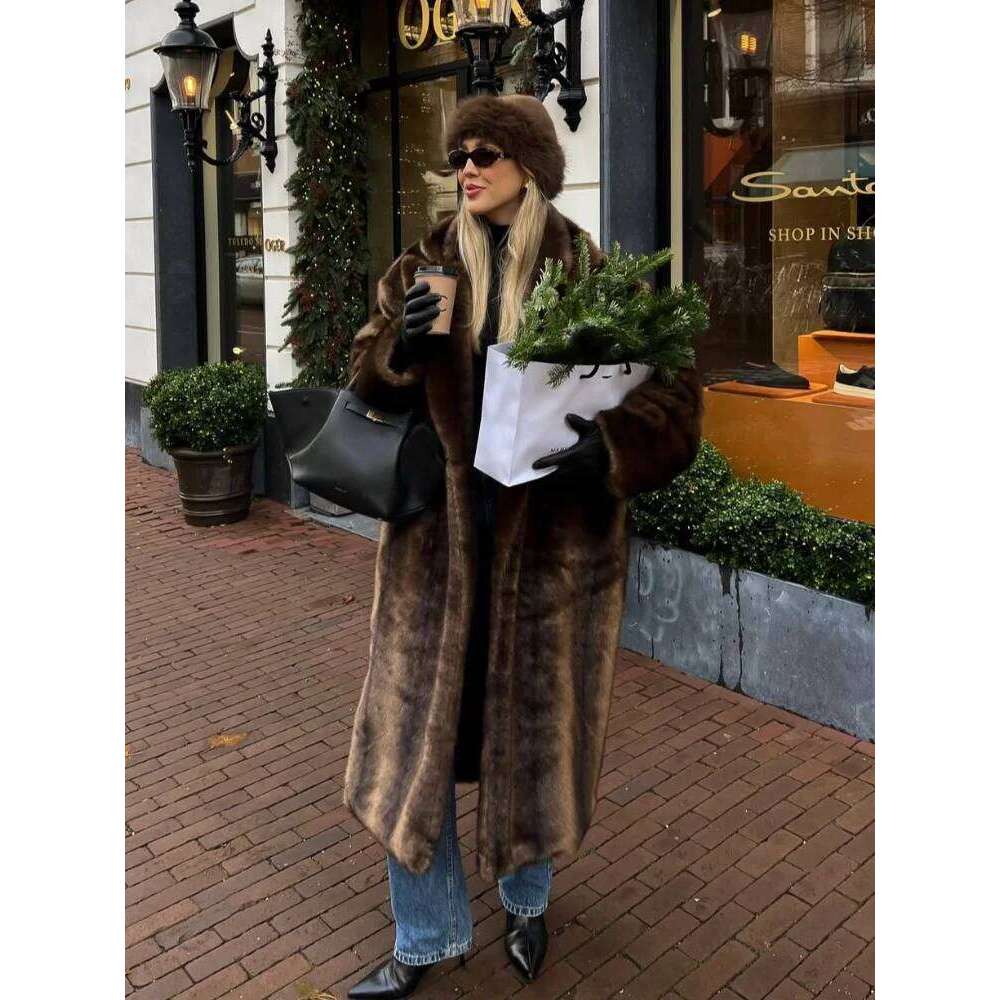 Luxury Faux Fur Long Coat Women 2025 Fashion Winter Plush Warm Jackets Full Sleeve Loose Fit Elegant High Street Overcoats Z260313