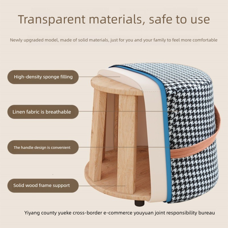 Small Houndstooth Stool Handheld Bucket Stool Home & Living Room Sofa Footstool Minimalist Shoe Bench Solid Wood Furniture