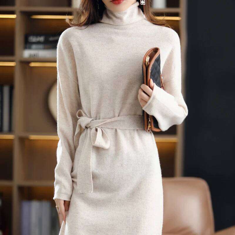 25 The new pullover 100% wool ladies solid color long-sleeved knitted fashion slim long high-neck cashmere dress sweater Z260314