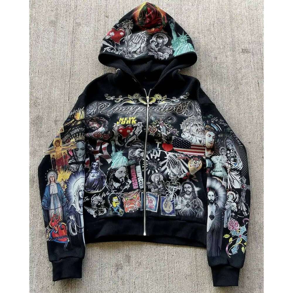Punk Style Mens Zipper Multi Pattern Gothic Waffle Outerwear Street Fashion Loose Large Size Hooded Sweatshirt Z260315