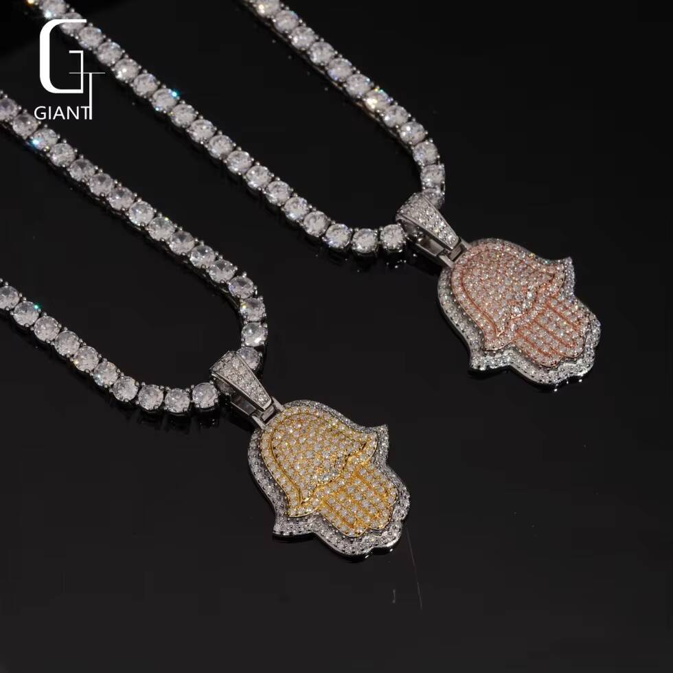Factory Wholesale Fine Jewelry Hamsa Hip Hop Hand 925 Sterling Silver Iced Out VVS Moissanite Diamond Mens Pendants