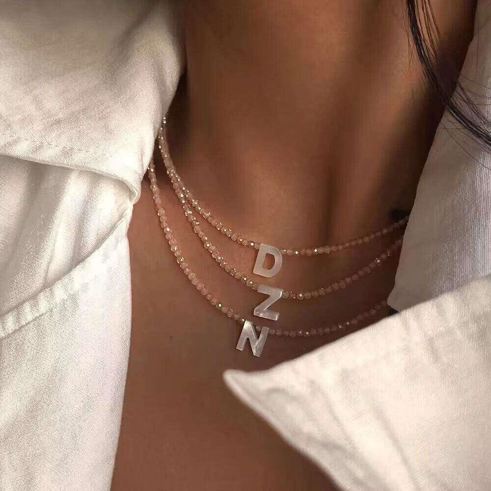 Stainless Steel Shell Initial Women Shining Crystal Mother of Pearl Letter Fashion Necklace Femmel Jewelry H260312