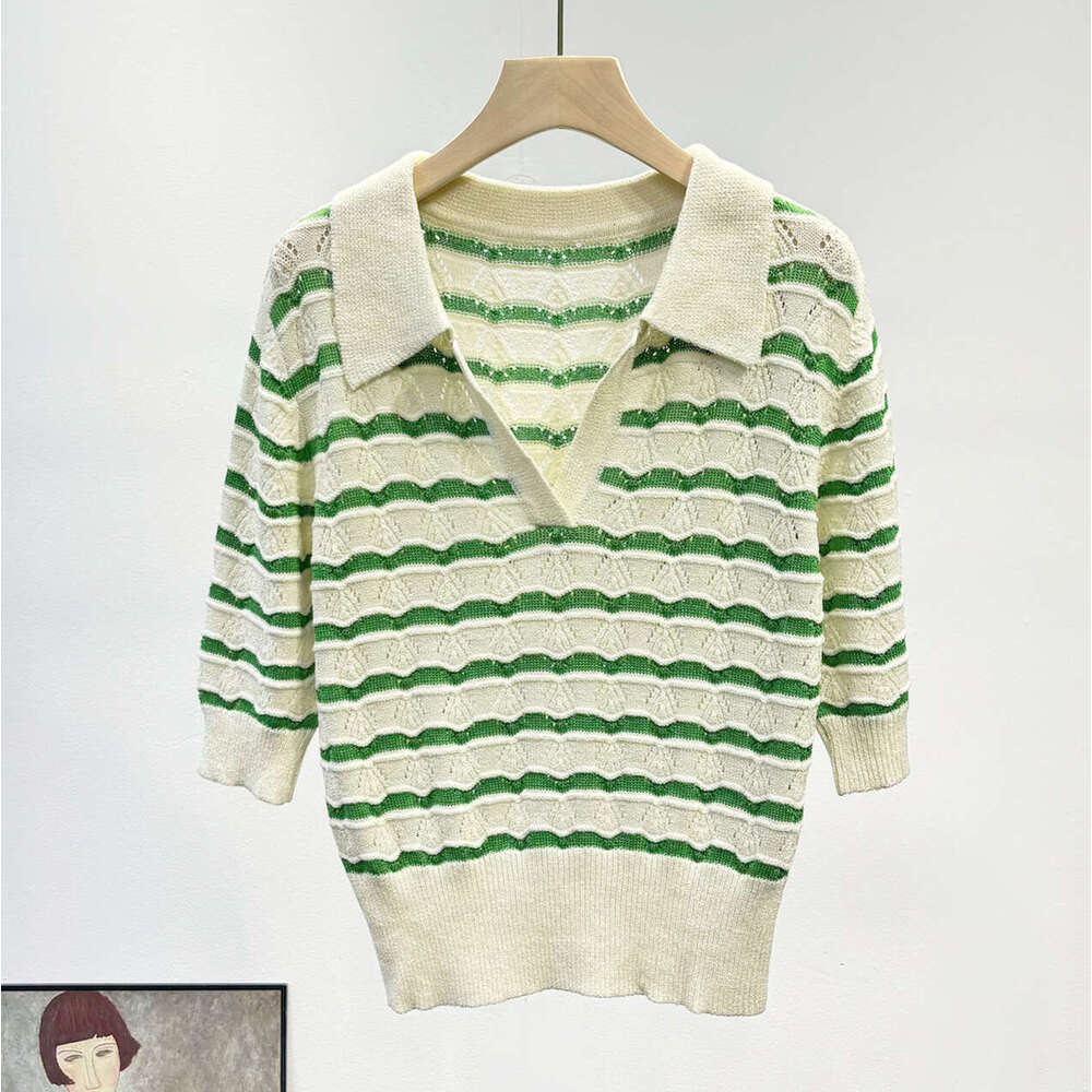 2026 French women's spring new style fresh and elegant lapel hollow striped short sleeved knitted pullover