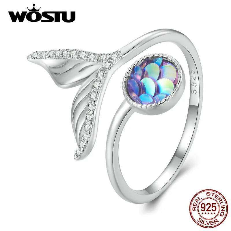 WOSTU 925 Sterling Silver Summer Rainbow Mermaid Scales Open Rings For Women Full of Zircon Fish tail Adjustable Ring R429 H260312