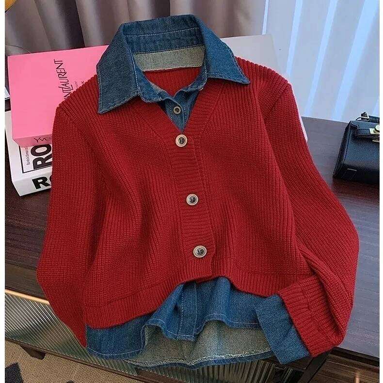 Fake two-piece Sweater Knitted Cardigan Women's Autumn Winter Design sense Polo collar Denim patchwork Long sleeved Loose Top Z260313