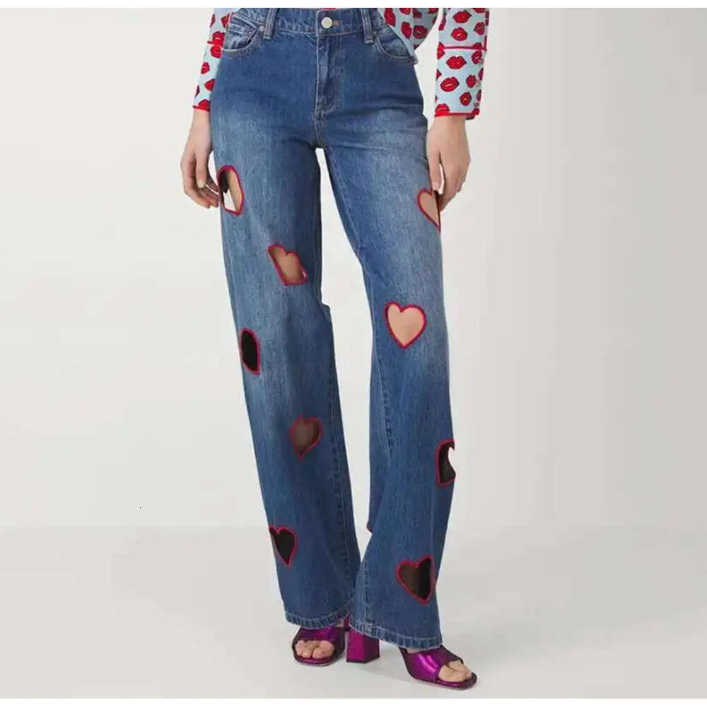 TWOTWINSTYLE Hollow Out Denim Pants For Women High Waist Patchwork Pockets Casual Straight Jeans Female Fashion Style Z260313