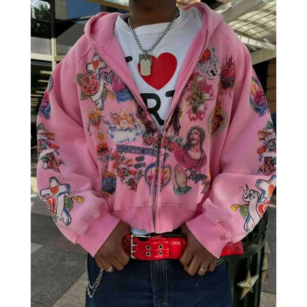 Street clothing retro pattern printed loose fitting Gothic rock Harajuku men and women sportswear zippered hoodie 26Y0313