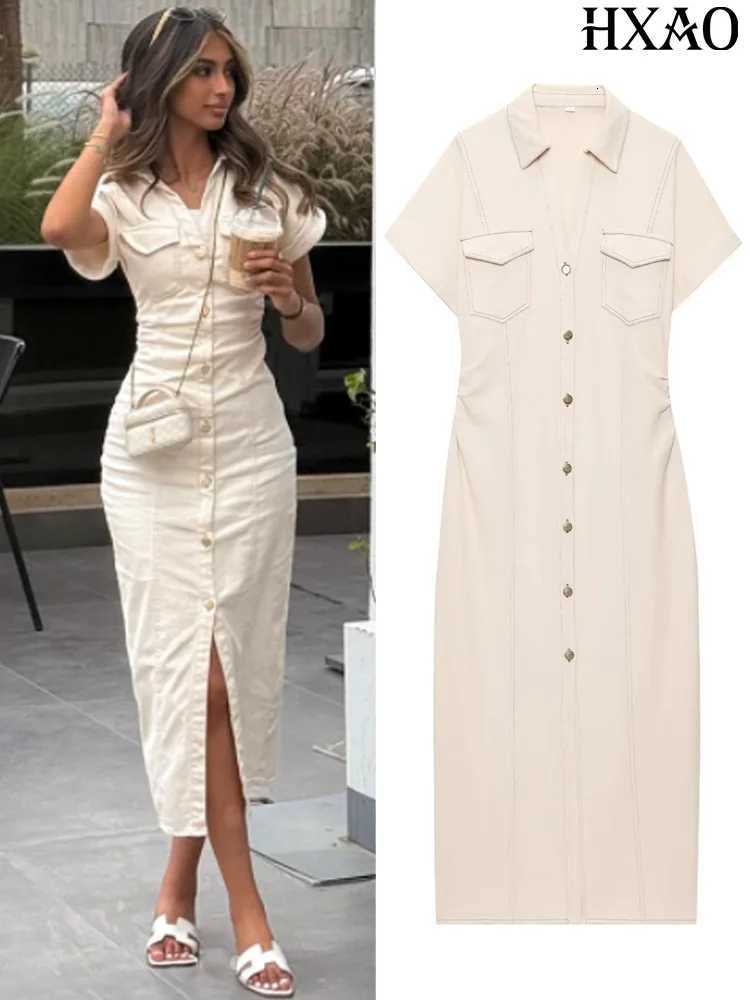 HXAO Denim Womens Dress Button Off White Short Sleeve Midi Dresses Summer New Denim Long Dresses Office Elegant Female ClothingT260314