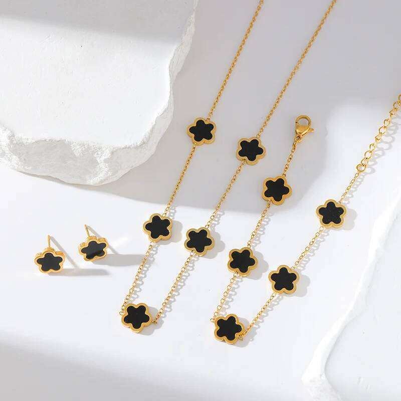 GANEMLY Stainless Steel Blue Plant Flower Necklace Earrings With Five Petals Women's Gifts Cr Jewelry H260312