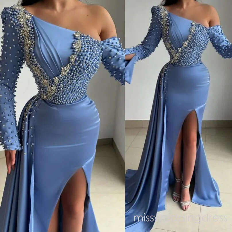 Aso Ebi Sky Blue Prom Evening Dresses Illusion Mermaid One Shoulder Beaded Pearls Rhinestones Side Split Birthday Dress Second Reception Gown N27