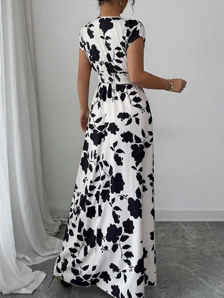 New Summer Womens Printed Lace-up Maxi DressShort Sleeved DressesCasual DressesFloral DressesElegant Dresses For LadiesT260316