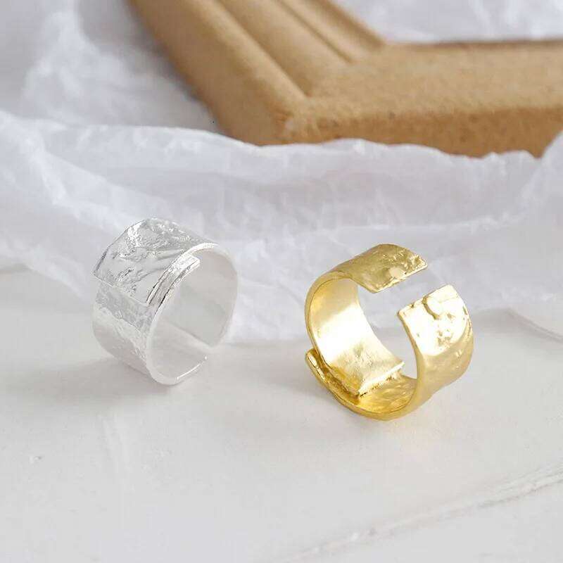 Wide 925 Sterling Open Ring for Women INS & Silver Color Gold Foil Concave-convex Irregular Face H260312