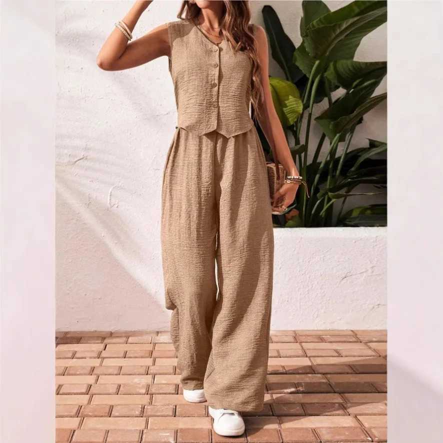 Spring Summer Bohemian Style Beach Vacation Set Women Sleeveless Vest Single-breasted Vest Wide-leg Pant Solid Color 2 Piece Set M260313