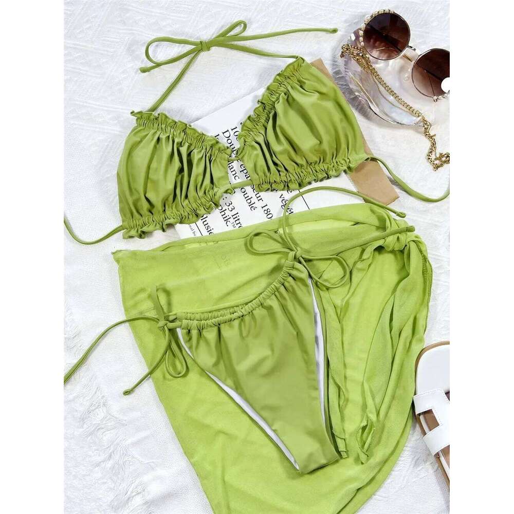 Green Swimwear Mesh Cover Up Sexy String Thong Micro Bikini 2025 Ruffled Swimsuit Women Halter Bather Beachwear Bikinis Sets Y260303