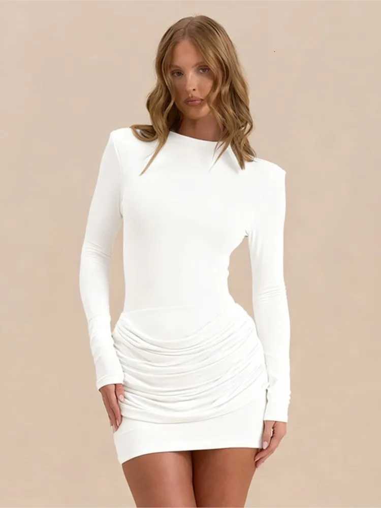 Solid Color Gathered Hip Cover Long Sleeve Dress Womens Spring Summer New Casual Round Neck Dresses For Women Ropa MujerT260314