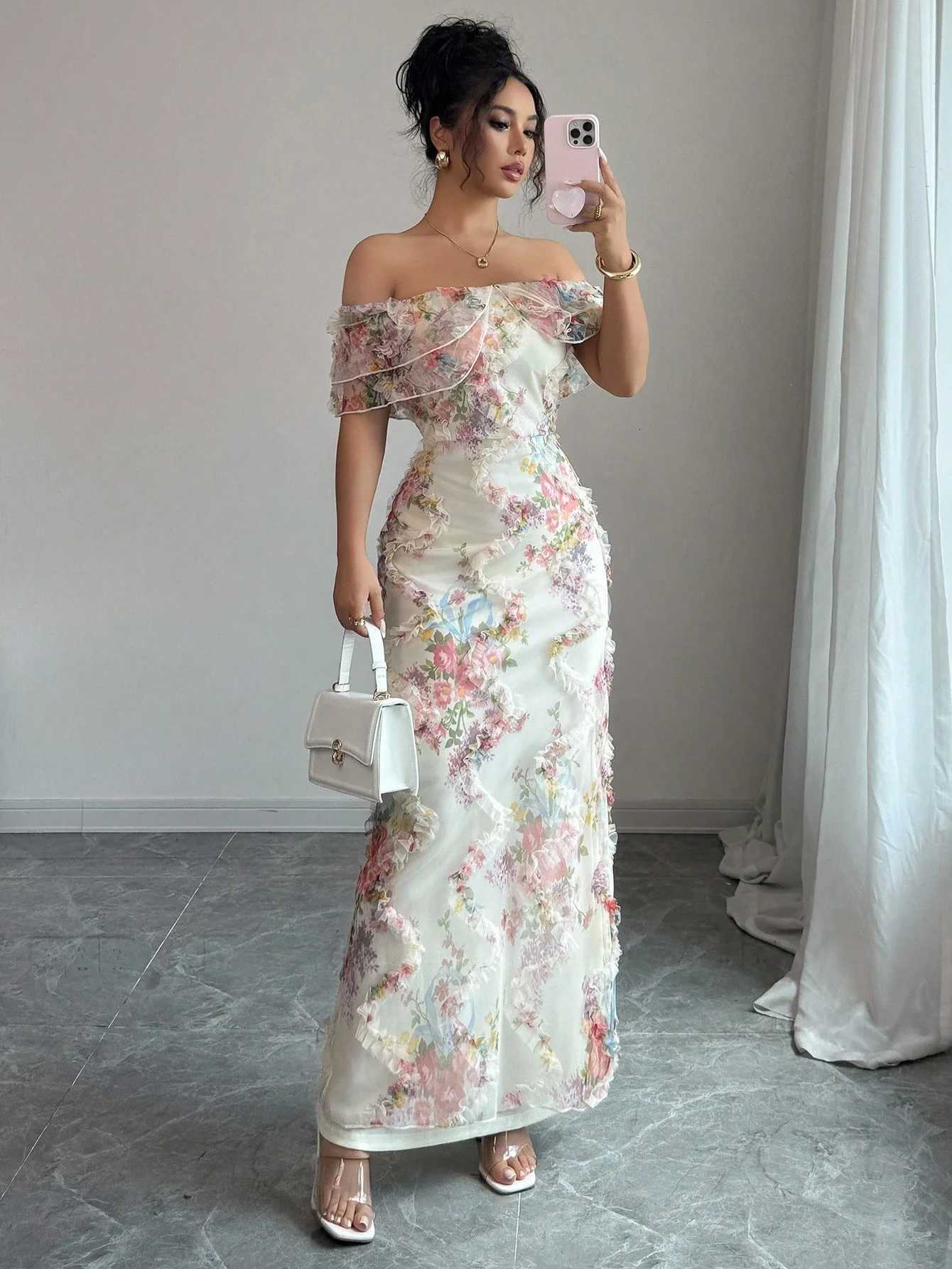 Elegant and romantic ruffled off-the-shoulder waist-cinching tight mesh floral dress for womenT260316