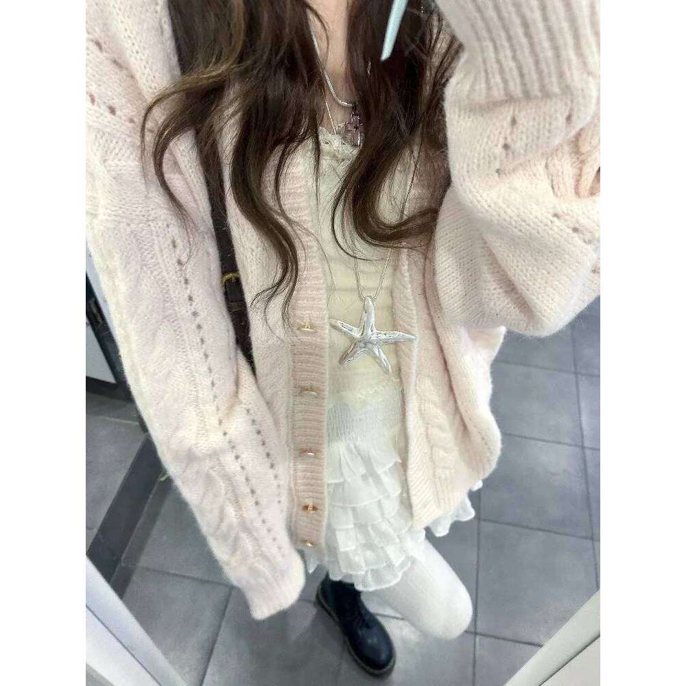 Women Sweet Kawaii Pink V-Neck Sweater Coat Autumn Winter Casual Loose Fashion Knit Cardigan Ladies Y2k Elegant Chic Top New Z260313