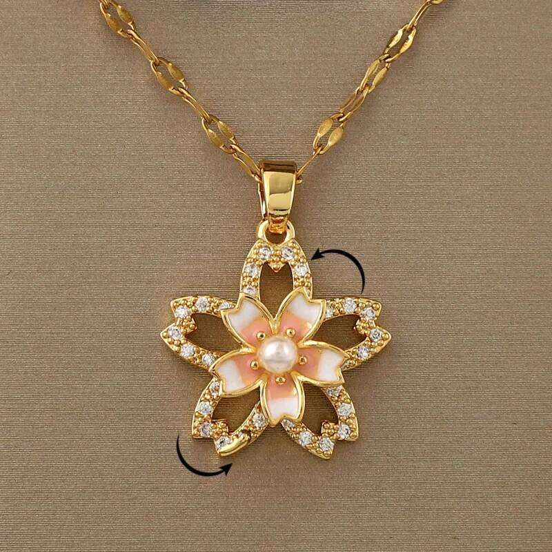 360 rotatable decompressed flower pearl five-pointed star pendant necklace for womens birthday and Thanksgiving gift H260312