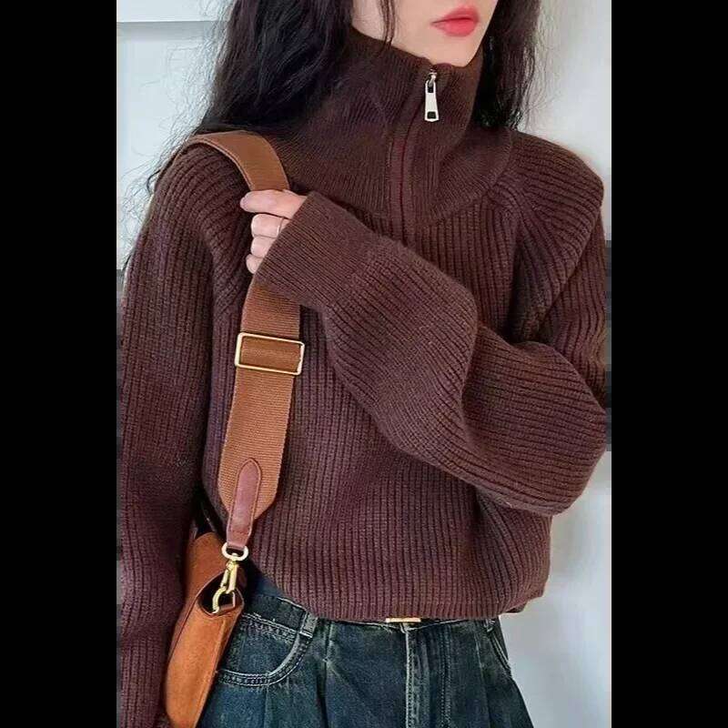 Women's New Spliced high-neck Zipper Knitted Loose Sweater Bottoming Style Long-sleeved Top Z260313