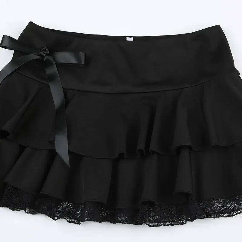 Dark pure desire spice girl style lace stitching bow sexy low waist ballet A word cake mini skirt Z260314
