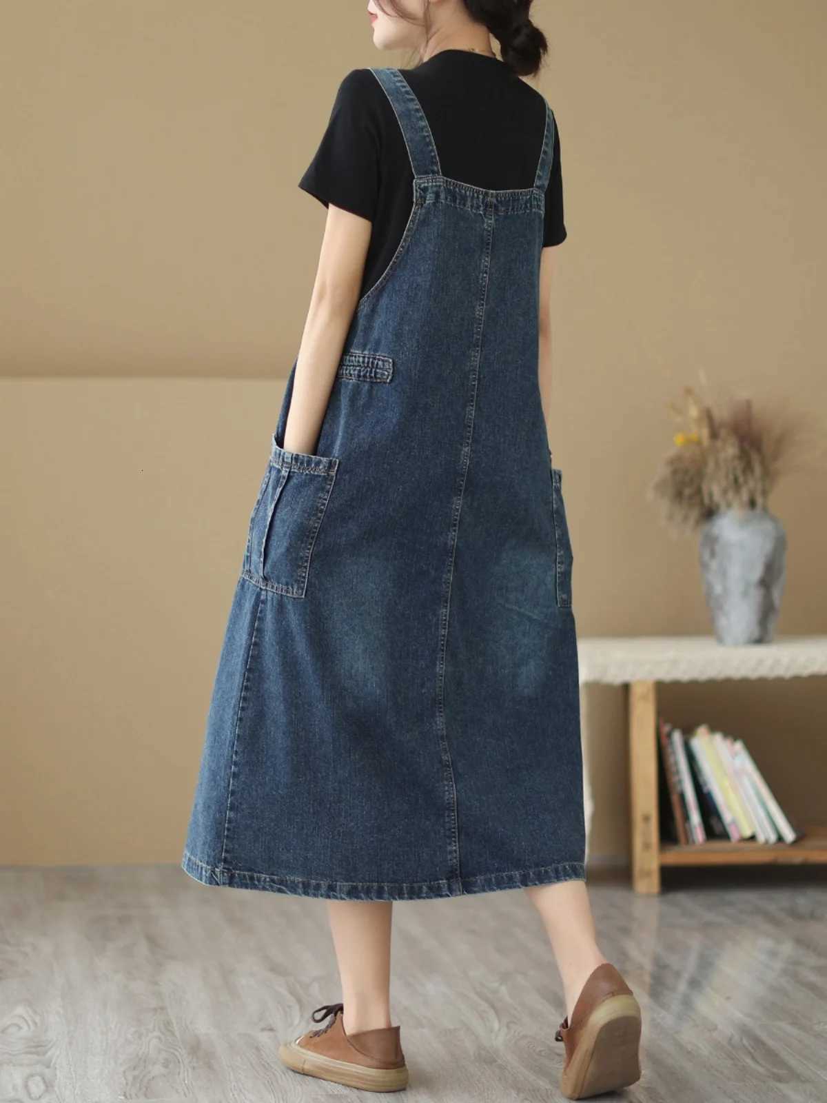 Retro Blue Denim ter Dr Womens Summer Dstring Waist Cinching Slimming Strap Dr Ele Lady Sle A-Line Midi DrT260314