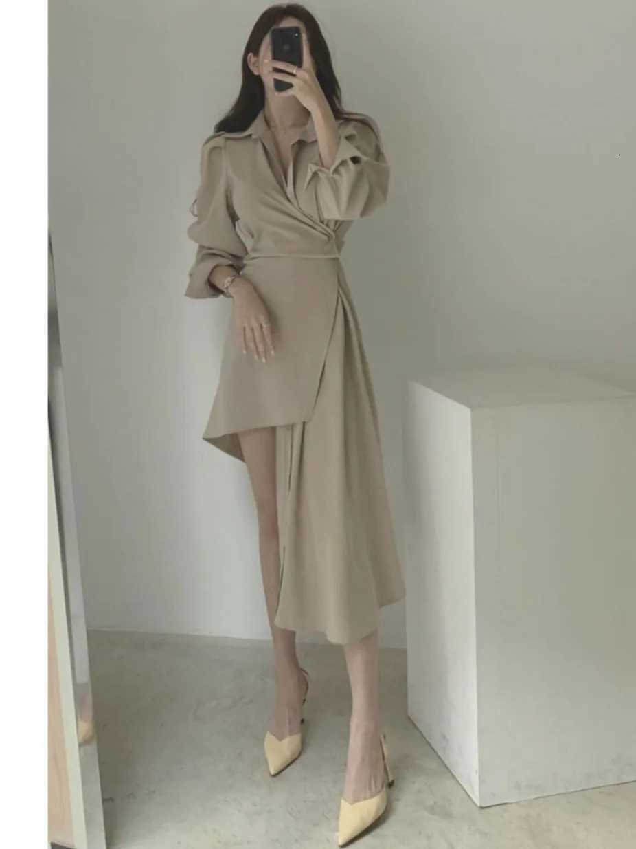 Chic Early Autumn irt Dr Womens Single Button Waist Cinched Midi Asymmetrical Collar Busin Casual Sle DrT260314