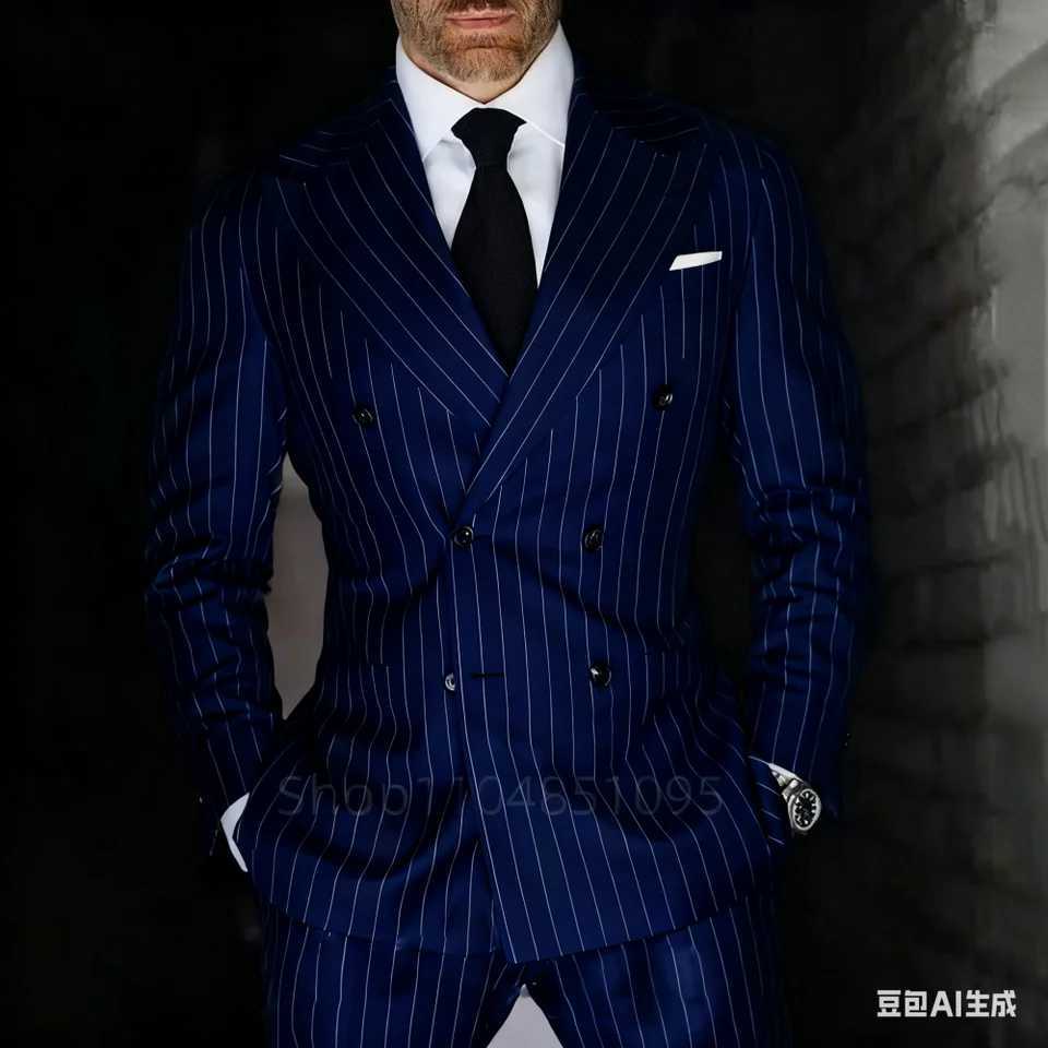 Mens 2-Piece Suit Set Slim Fit Double Breasted Lapel Formal Grey Blue Marine JaCKet And Trousers Ensemble M260313