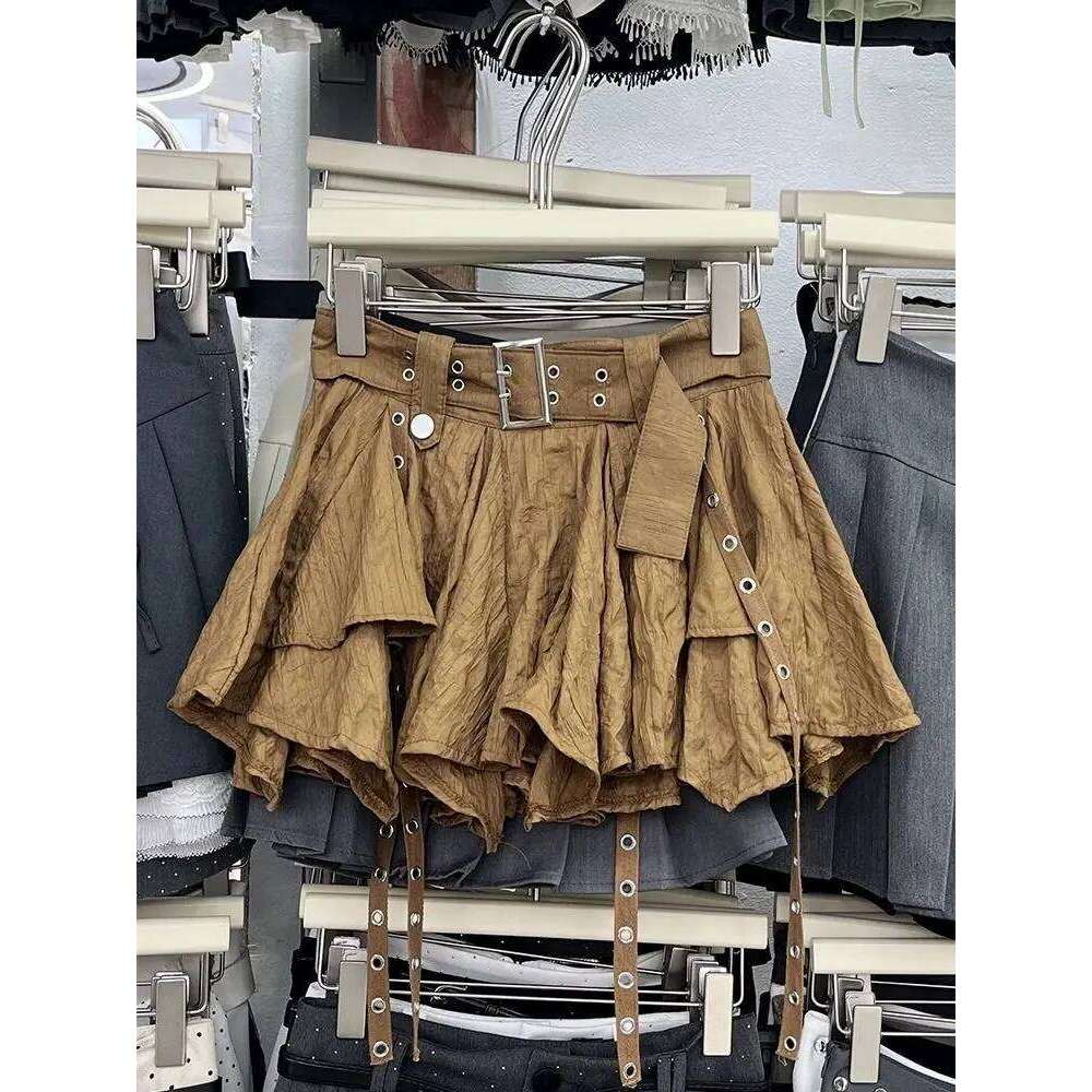 Vintage Harajuku Women High Waist Irregular Pleated American Retro Preppy Style Mini Skirt Y2k Streetwear Z260314