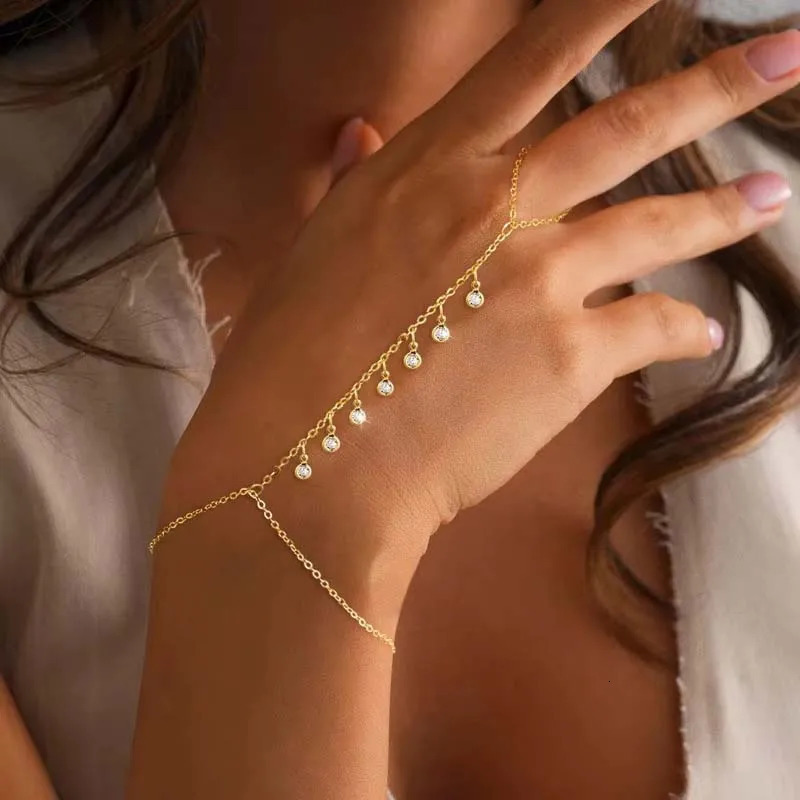 Stainless Steel Zircon Finger Bracelets for Women Trendy Metal Crystal Long Tassel Bracelets Rings Party Jewelry Accessories 260313