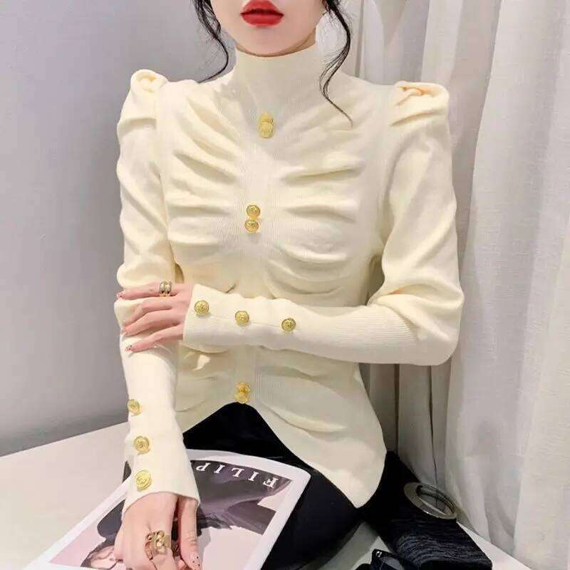 Semi-turtleneck Sweater Women's Bubble Sleeves Slim-fit Knitted Pullover Pleated 2024 Autumn New Long-sleeved Temperament Top Z260314