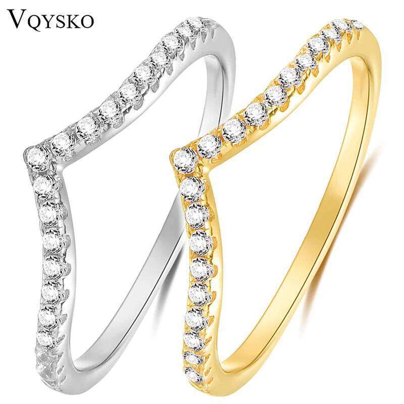 VQYSKO Pointed V Shaped Zircon Simulated Heart Stackable Ring Eternity Bands Women Jewelry Gifts For Her H260312