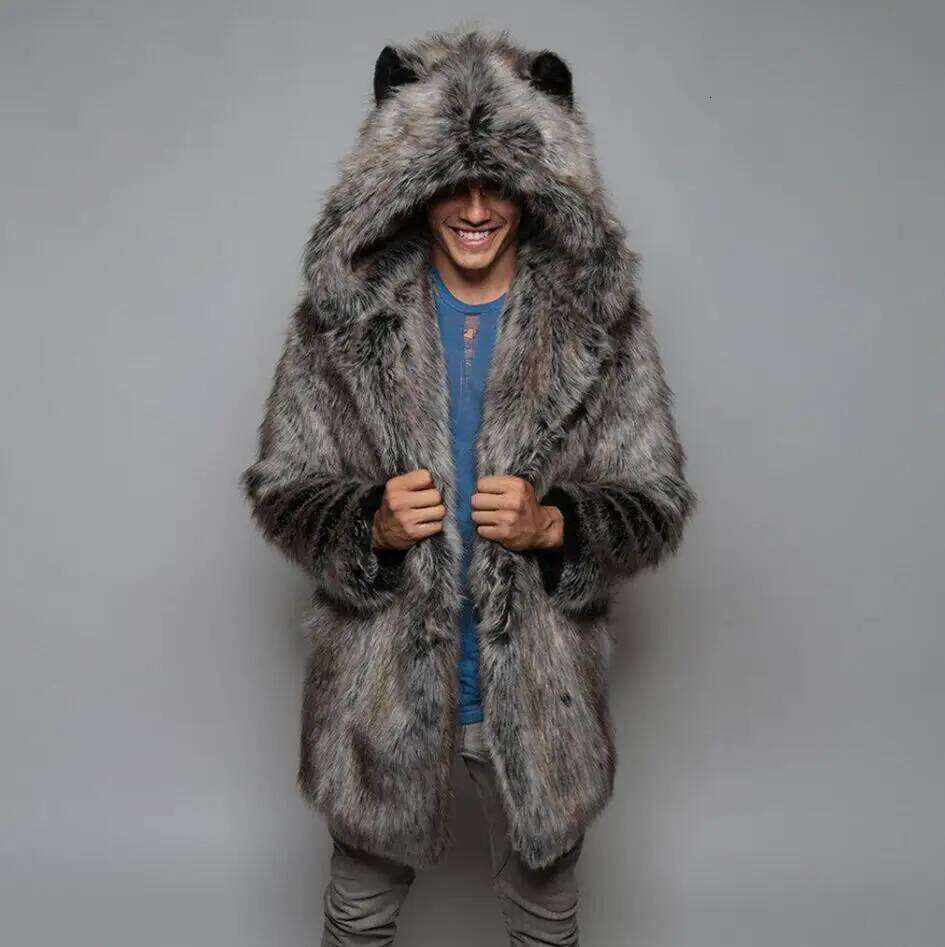 Men's Faux Long Sleeve Hooded Thick Warm Jackets Male Plush Fluffy Cardigan Casual Parka Snow Wear Winter Fur Coat Z260313