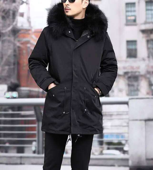 Fashion Men's Mid-Length Parka Faux Detachable Fur Inteated Long sleeve Hooded Casual Outerwear Winter Warm Coat Z260313