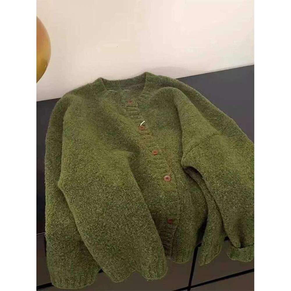 Women Retro Green Knitted Cardigan Coat Spring Autumn Thick High End Soft Style Sweater Loose Korean O-Neck Single Breasted Top Z260313