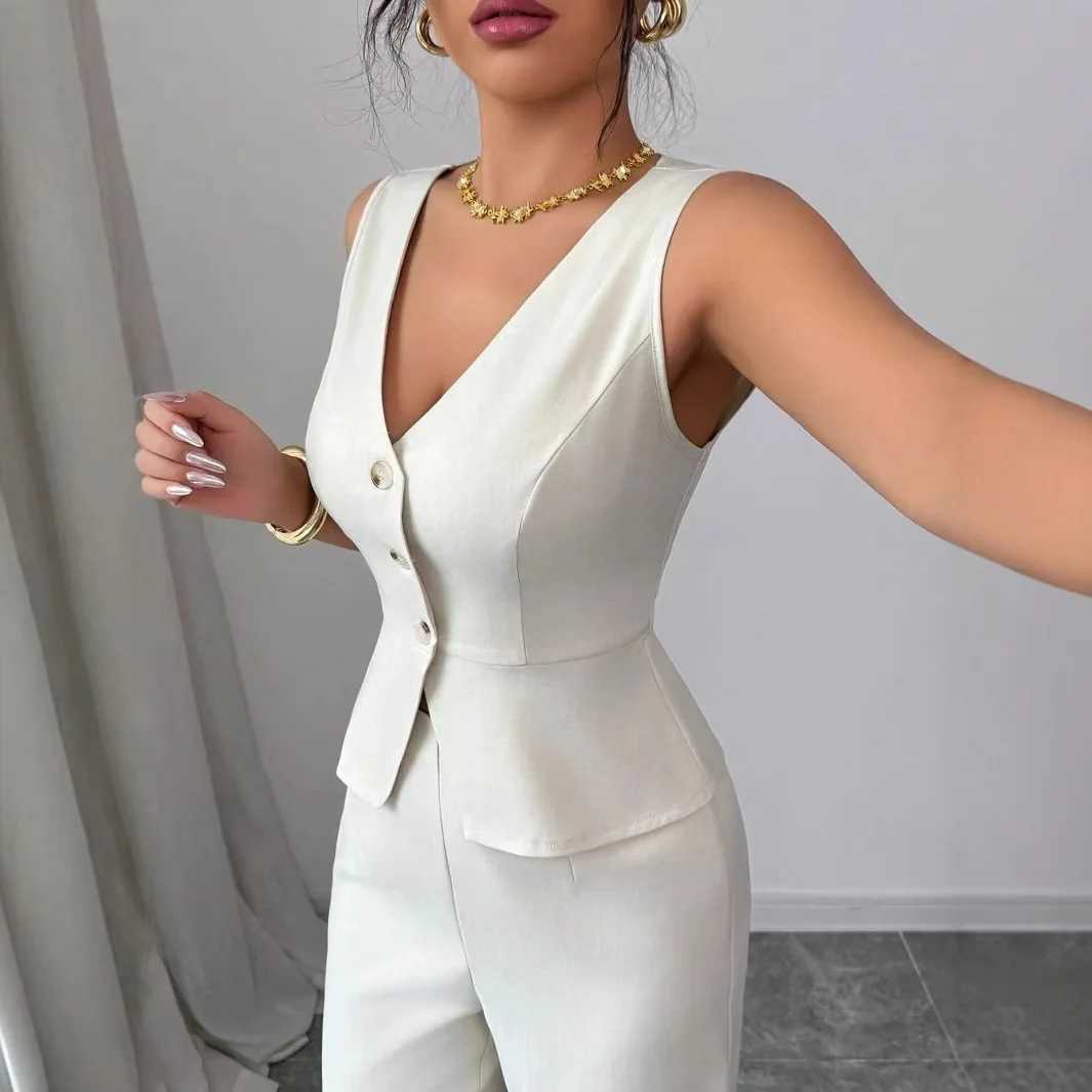2025 European and American Summer New Solid Color V-neck Sleeveless Slim-fitting Vest High-waisted Trousers Two Pieces M260313