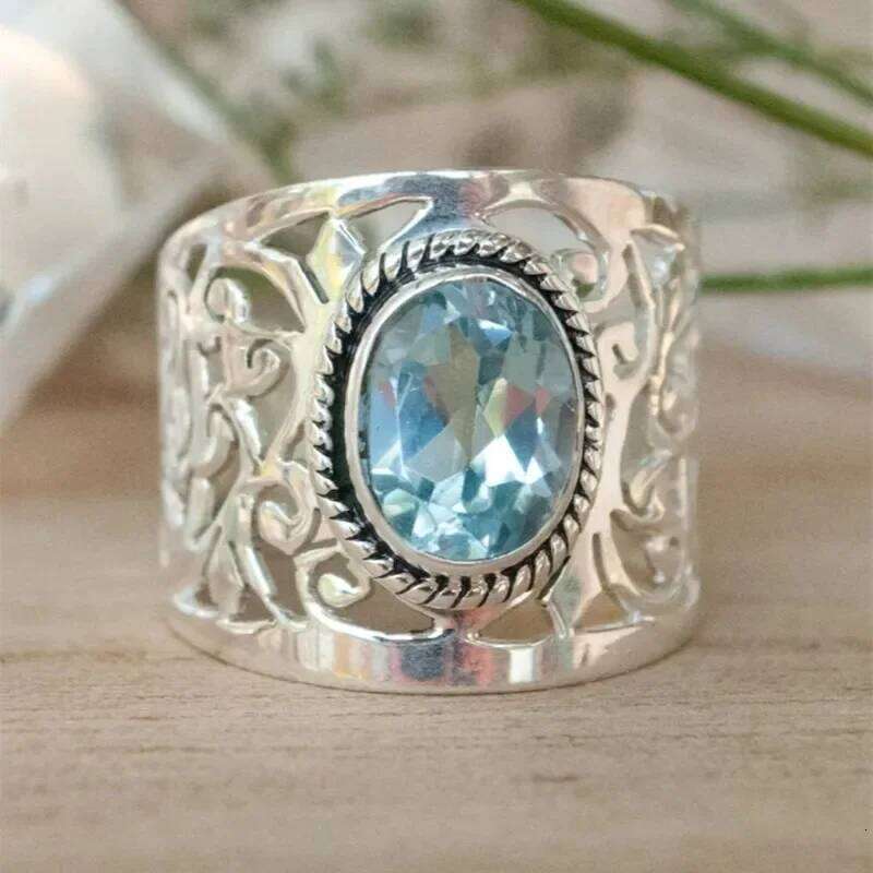CAOSHI Hollow-out Design Wide Finger Ring Lady Silver Color Sky Blue Stone Jewelry for Anniversary Party Gorgeous Accessories H260312