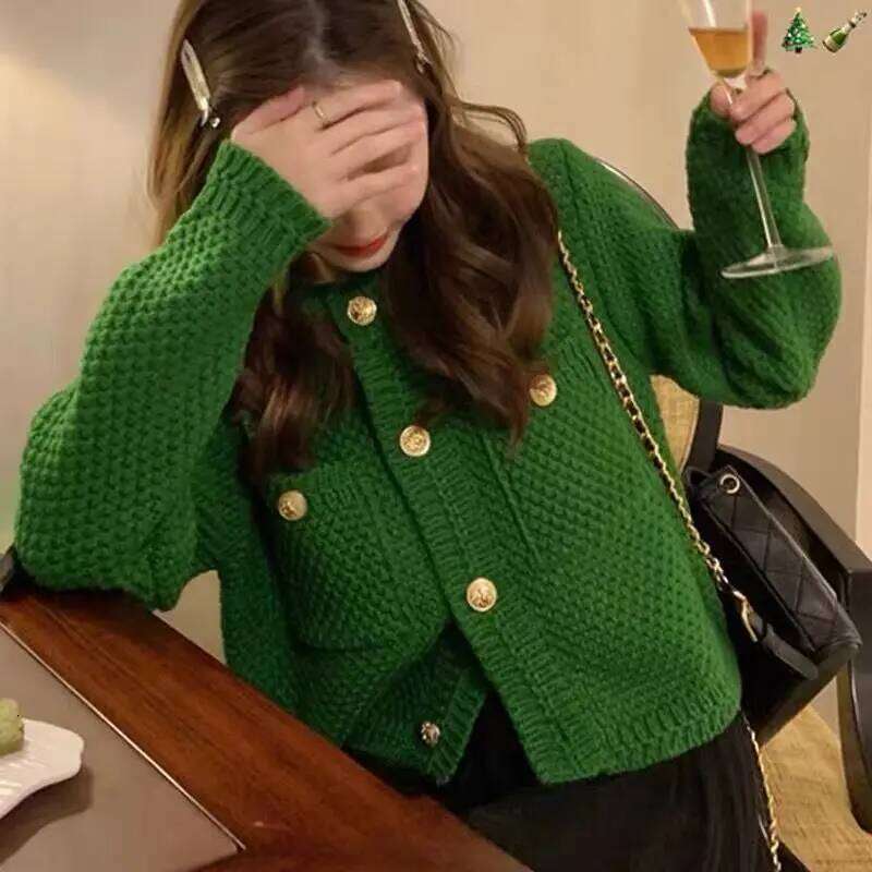 Autumn Winter Women French Vintage Sweet Luxury Chic Button Up Cardigan Solid O Neck Long Sleeve Loose Knitted Sweater Outerwear Z260313