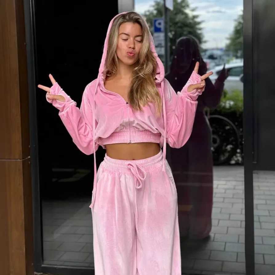 Sexy Spice set long-sleeved hooded cardigan lace-up trousers 2-piece fashion casual sports set womens clothes long pants set M260313