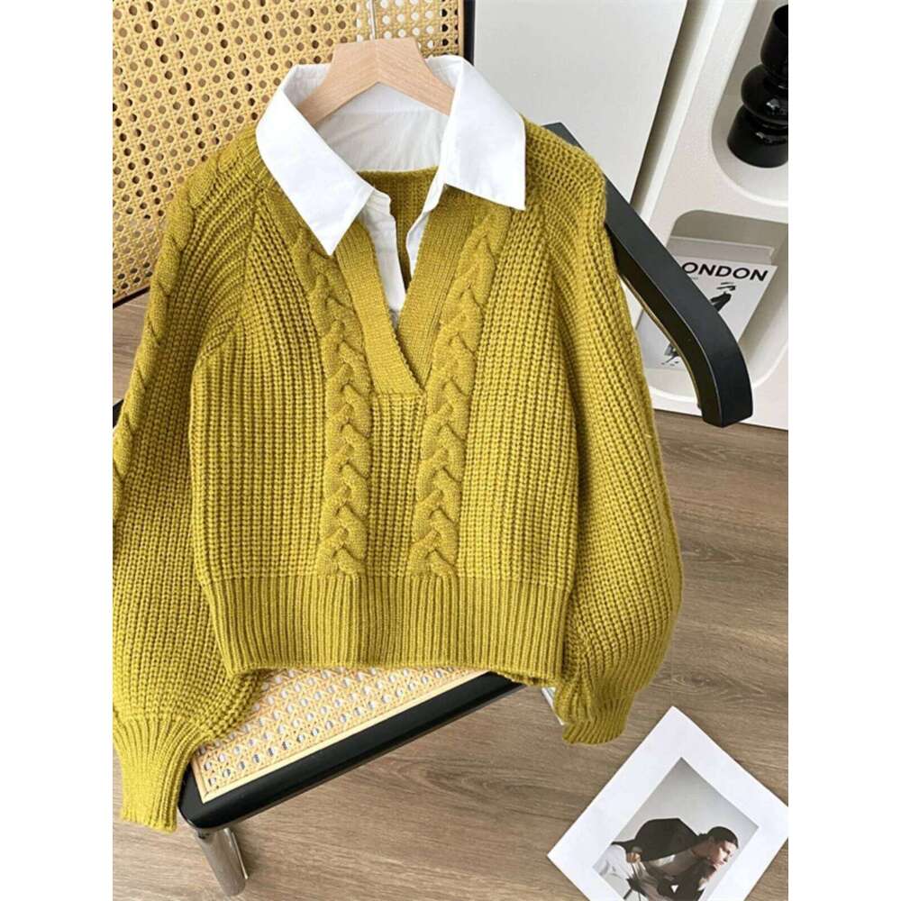 Fake Two Shirts Splicing Sweater Women's Spring Autumn New Contrast Color Design Sense Flip Collar Loose Outer Knitted Top Z260313