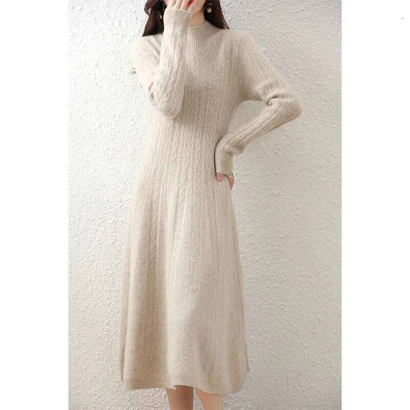 Elegant Fashion Dresses Cashmere Sweater Knitted Long Dress 100% Merino Wool Women Turtleneck Office Skirt Autumn Winter Clothes Z260313