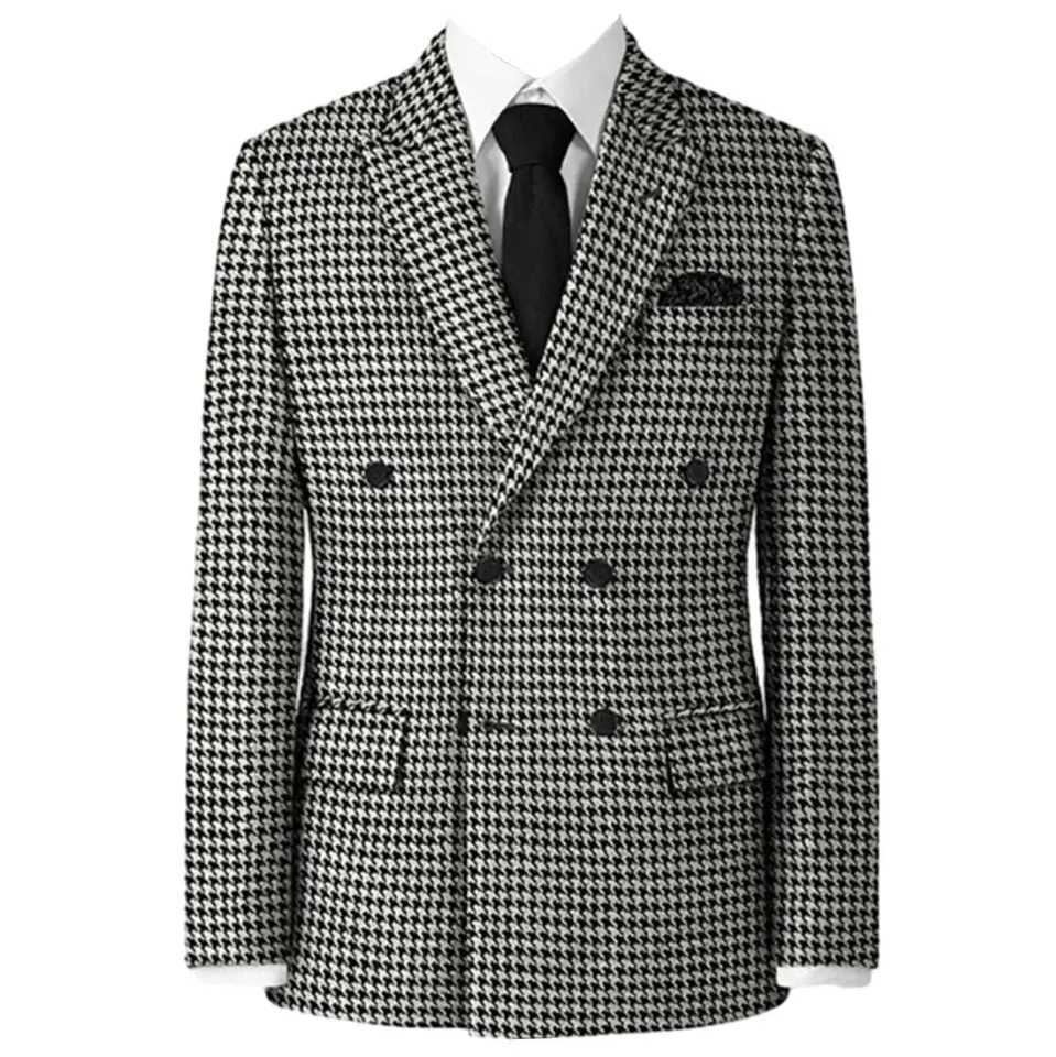 Plaid Blazer 2024 for Men 1 PCS Suit Jacket with Side Slit Slim Fit Houndstooth Checked Casual Coat 2024 WeddingOnly Coat M260313