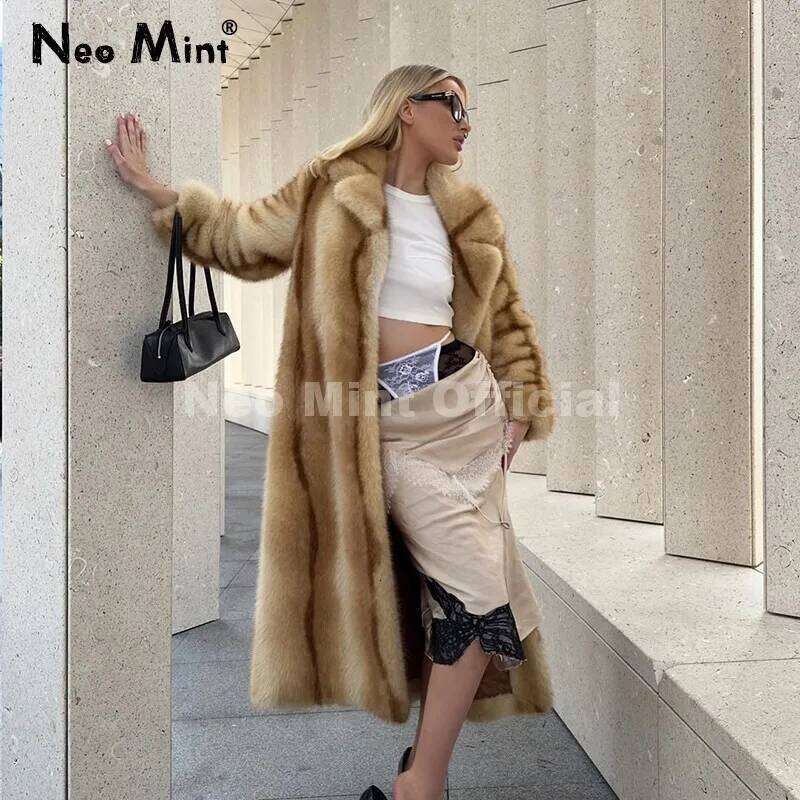 Neo Mint Runway Fashion Yellow Striped Maxi Long Faux Coat Jacket Women Winter Brand Fluffy Fox Fur Overcoat Girls Outerwear Z260313