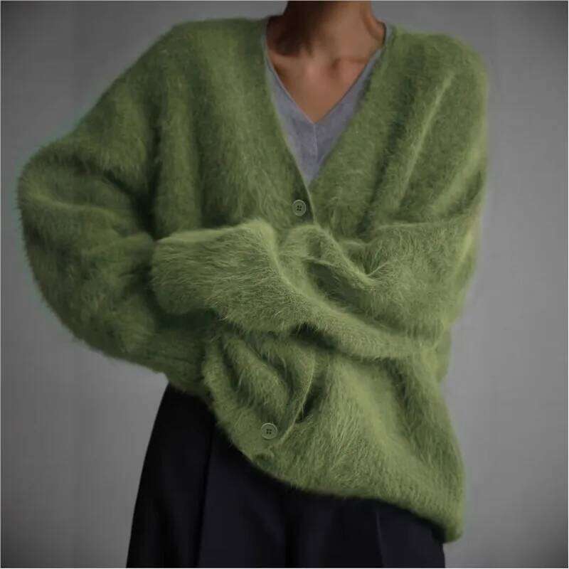 Knitted Cardigan Loose Lazy Style Autumn Winter New Item Single Breasted Long Sleeved Sweater Green Fur Coat Top For Women Z260314