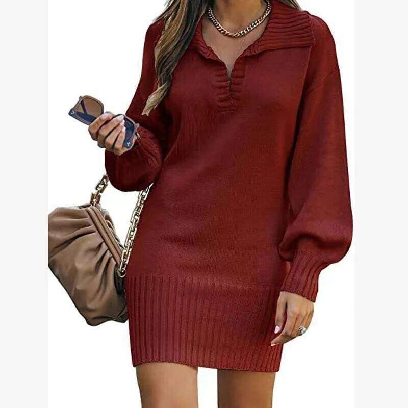 Autumn Winter Knitted Dress For Elegant Lapel Solid Lantern Sleeve Straight Dresses 2024 Fashion New Women Clothing Z260313